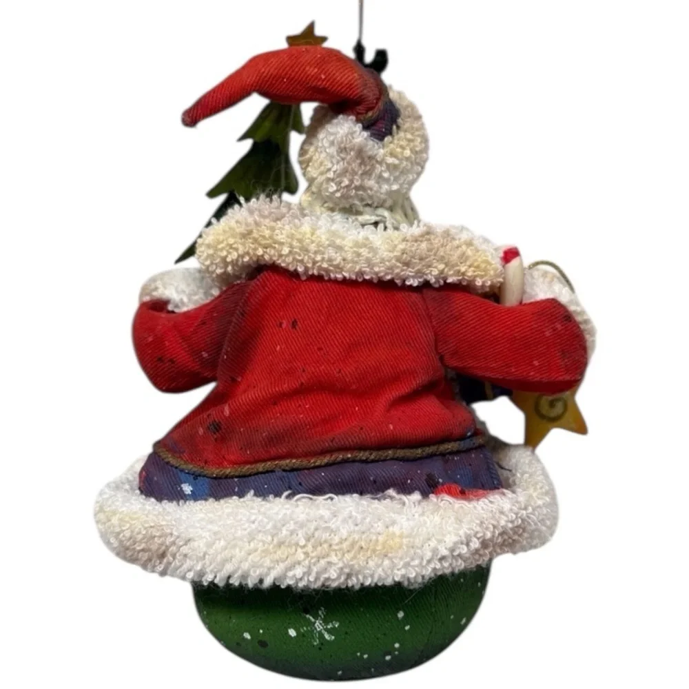 Vintage Santa Claus Holiday-Christmas Ornament Fabric Mache Greeen/Blue EUC